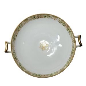 Nippon Hand Painted Porcelain Beige Floral Milgrain Gilding Compote Raised Bowl